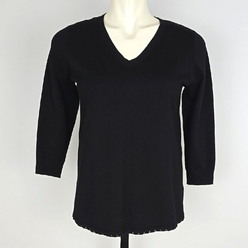 Joseph A. Classic Women's Black V-Neck 3/4 Sleeves Knit V-Neck Sweater S
